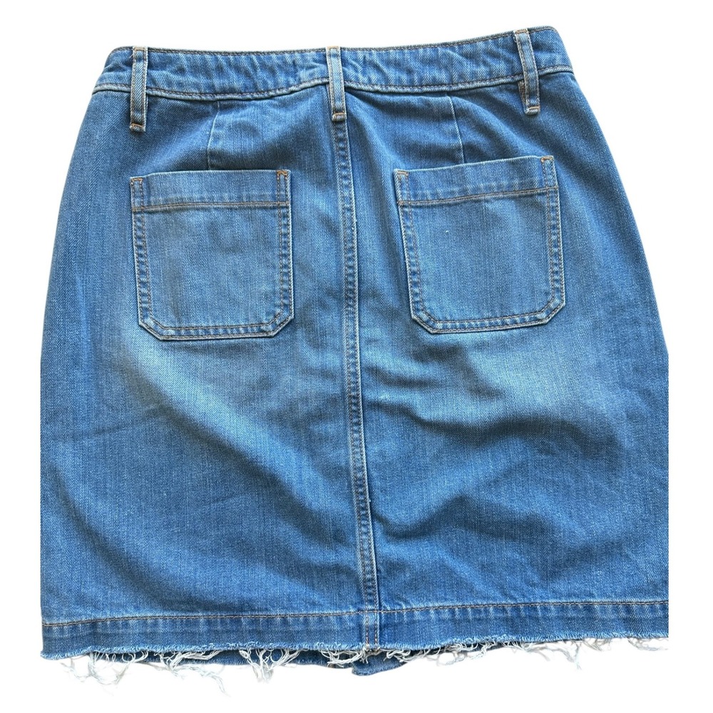 Ann Taylor LOFT Denim Skirt Blue Button Front Frayed Hem 70s Boho Casual Size 2 - Picture 2 of 16